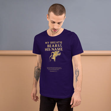 Male model wearing My Breath Bears His Name T-Shirt in Team Purple, front glowing breath design